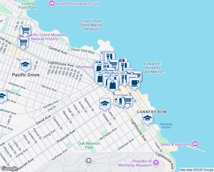 map of restaurants, bars, coffee shops, grocery stores, and more near 857 Lighthouse Avenue in Monterey