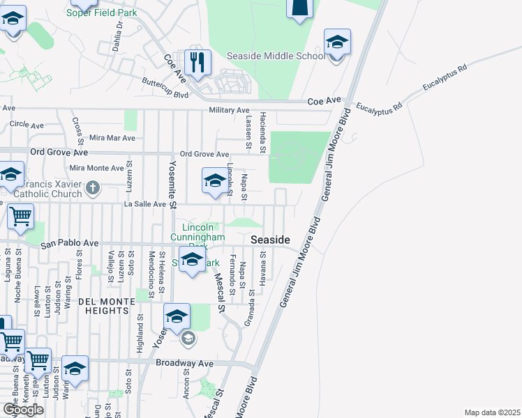 map of restaurants, bars, coffee shops, grocery stores, and more near 1897 Havana Street in Seaside