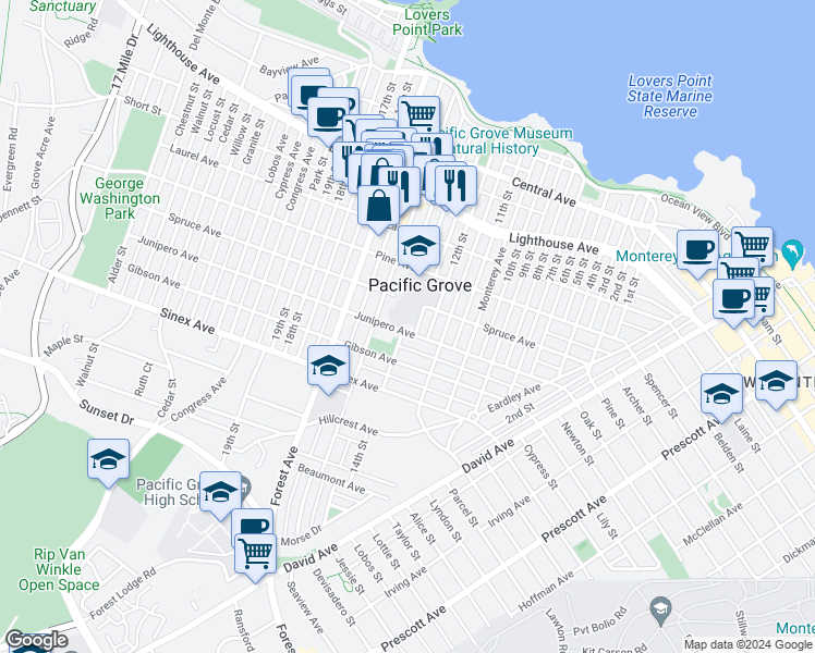 map of restaurants, bars, coffee shops, grocery stores, and more near 488 Junipero Avenue in Pacific Grove
