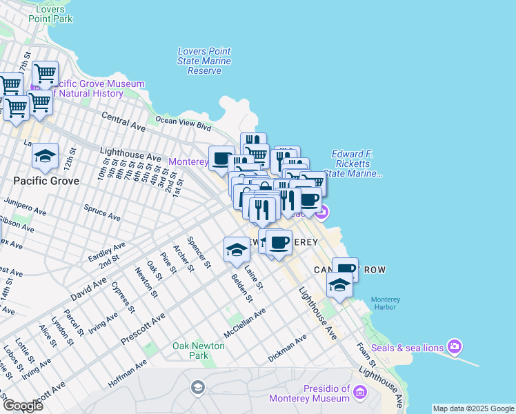map of restaurants, bars, coffee shops, grocery stores, and more near 829 Foam Street in Monterey