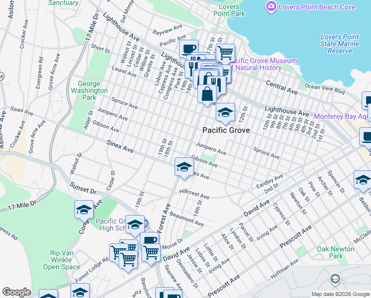 map of restaurants, bars, coffee shops, grocery stores, and more near 618 Forest Avenue in Pacific Grove