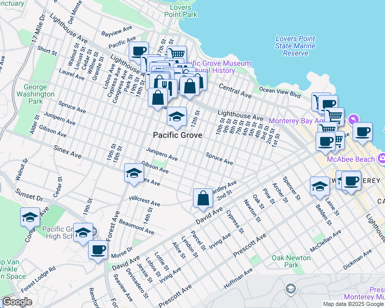map of restaurants, bars, coffee shops, grocery stores, and more near 505 Carmel Avenue in Pacific Grove