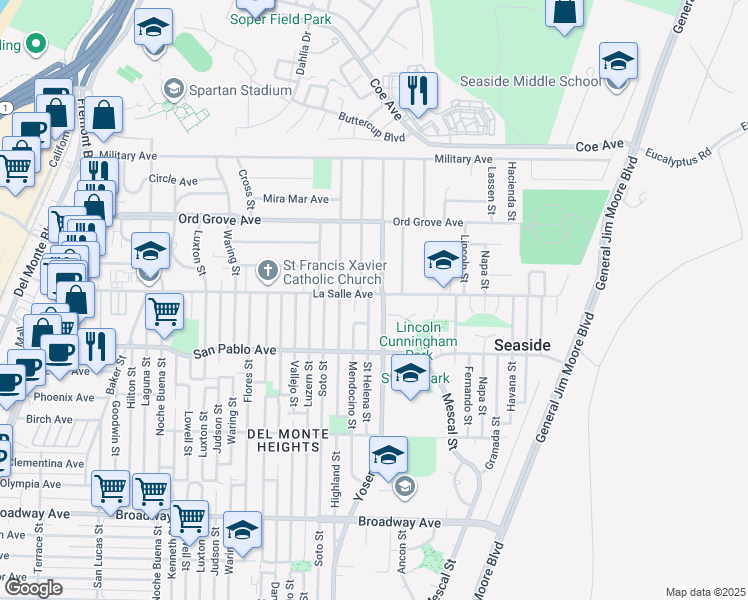 map of restaurants, bars, coffee shops, grocery stores, and more near 1656 La Salle Avenue in Seaside