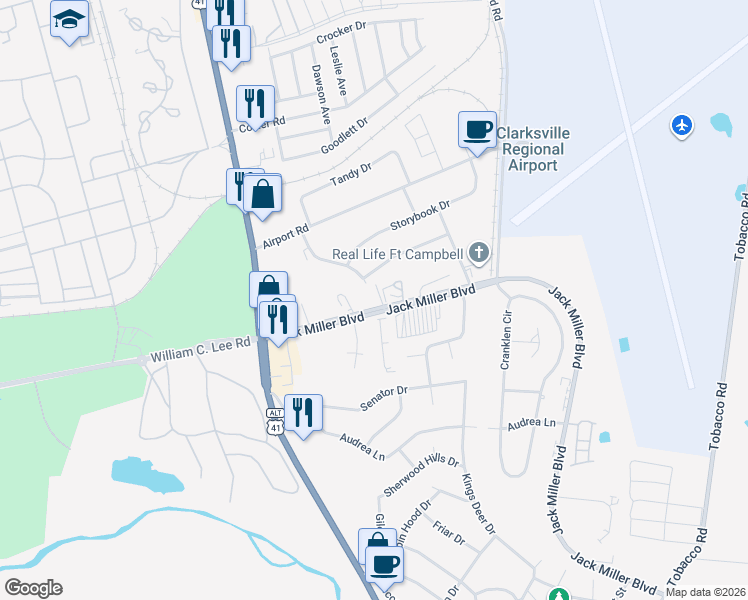 map of restaurants, bars, coffee shops, grocery stores, and more near 155 Jack Miller Boulevard in Clarksville
