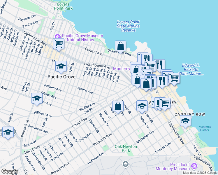 map of restaurants, bars, coffee shops, grocery stores, and more near 232 Pine Avenue in Pacific Grove