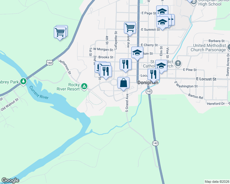 map of restaurants, bars, coffee shops, grocery stores, and more near 105 Charles Street in Doniphan