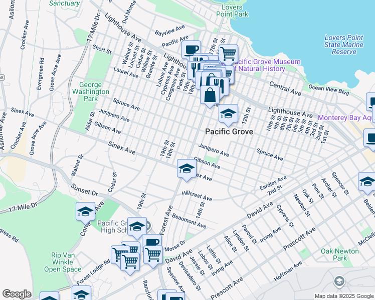 map of restaurants, bars, coffee shops, grocery stores, and more near 618 Forest Avenue in Pacific Grove