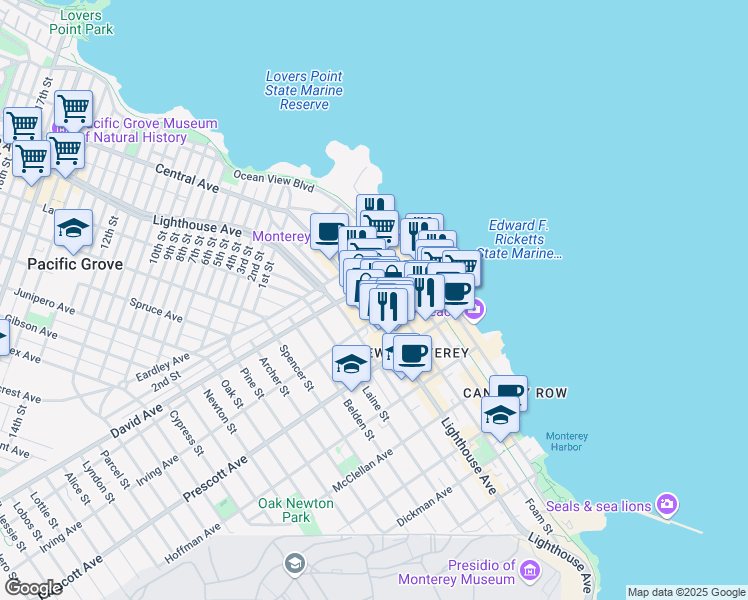 map of restaurants, bars, coffee shops, grocery stores, and more near 829 Foam Street in Monterey