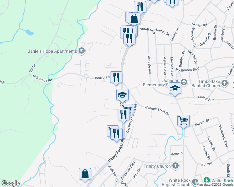 map of restaurants, bars, coffee shops, grocery stores, and more near Shaver Street in Danville
