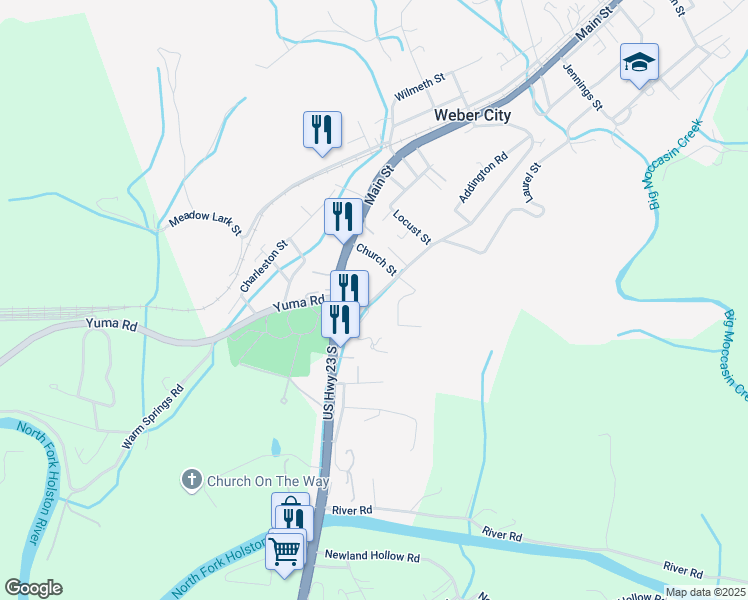 map of restaurants, bars, coffee shops, grocery stores, and more near Clonce Street in Weber City