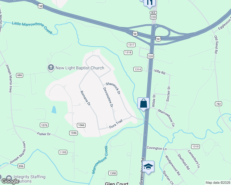map of restaurants, bars, coffee shops, grocery stores, and more near 300-326 Shamrock Drive in Ridgeway