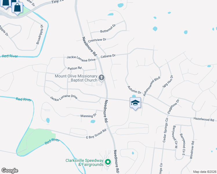 map of restaurants, bars, coffee shops, grocery stores, and more near 1745 Needmore Road in Clarksville