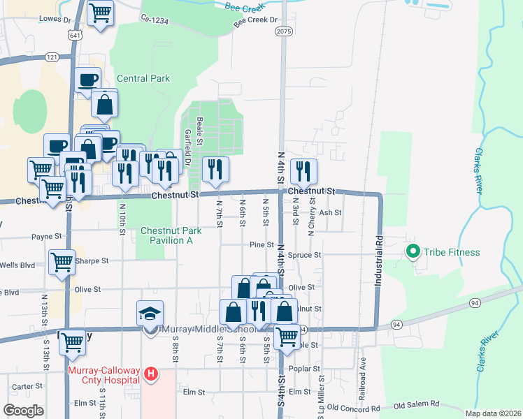 map of restaurants, bars, coffee shops, grocery stores, and more near 501 North 5th Street in Murray