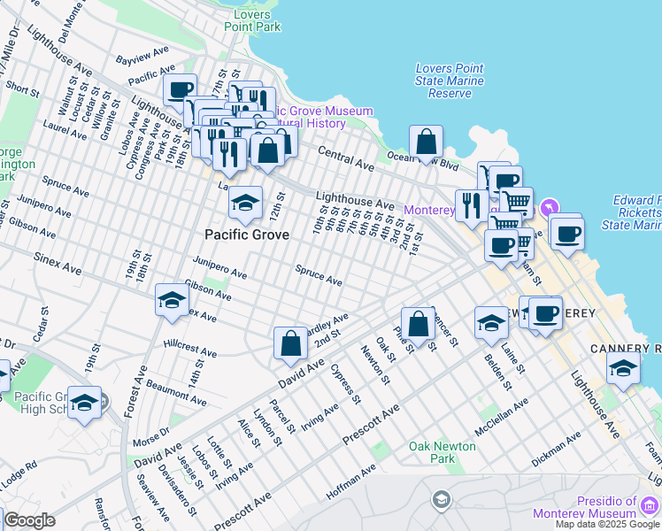map of restaurants, bars, coffee shops, grocery stores, and more near 418 8th Street in Pacific Grove