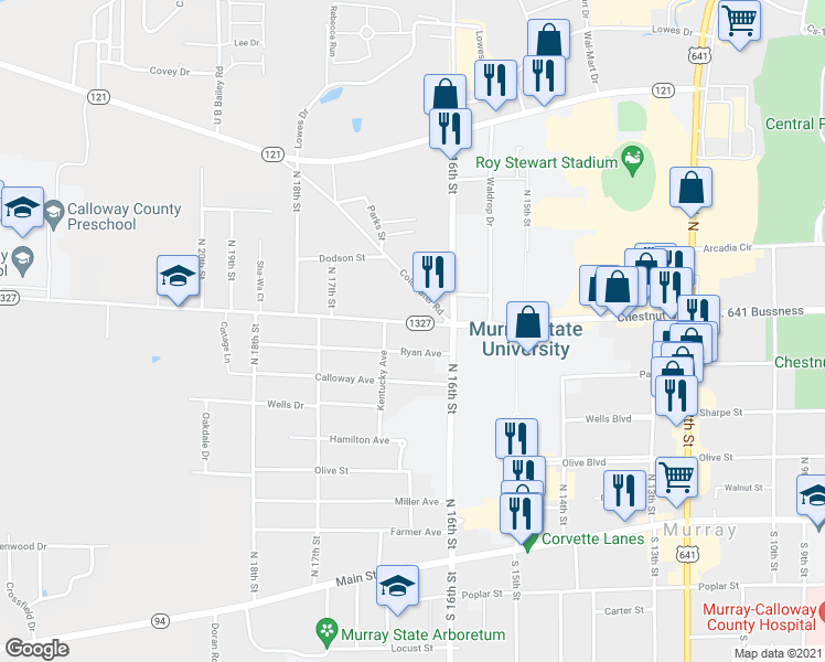 map of restaurants, bars, coffee shops, grocery stores, and more near 1607 College Farm Road in Murray