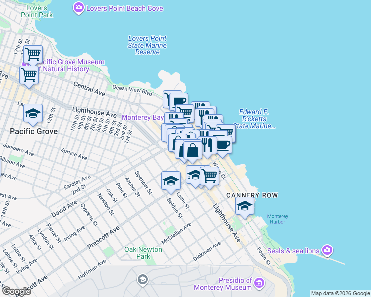map of restaurants, bars, coffee shops, grocery stores, and more near 831 Foam Street in Monterey