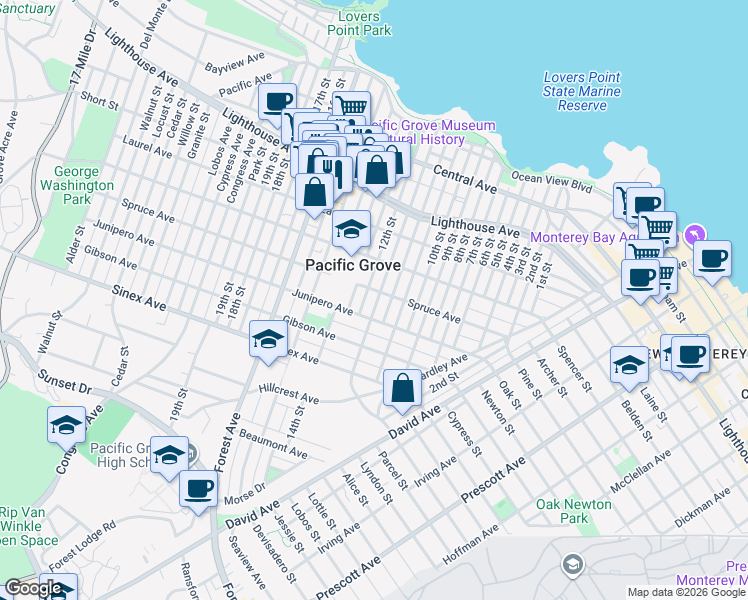 map of restaurants, bars, coffee shops, grocery stores, and more near 505 Carmel Avenue in Pacific Grove