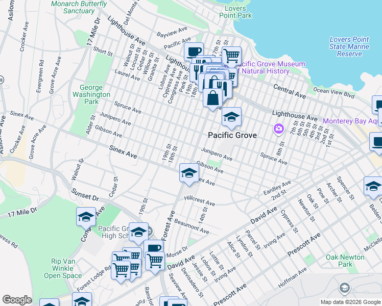 map of restaurants, bars, coffee shops, grocery stores, and more near 614 Forest Avenue in Pacific Grove