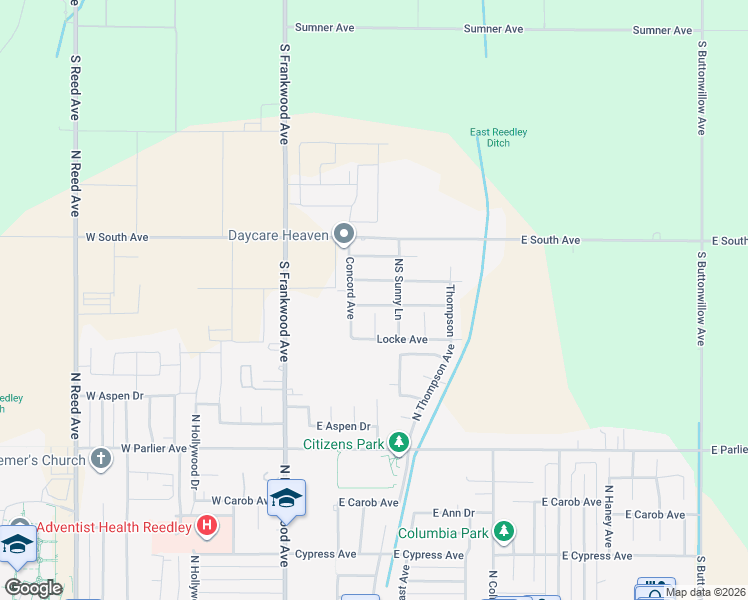 map of restaurants, bars, coffee shops, grocery stores, and more near 442 Cambridge Drive in Reedley