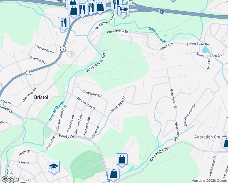 map of restaurants, bars, coffee shops, grocery stores, and more near 718-722 Navaho Trail in Bristol