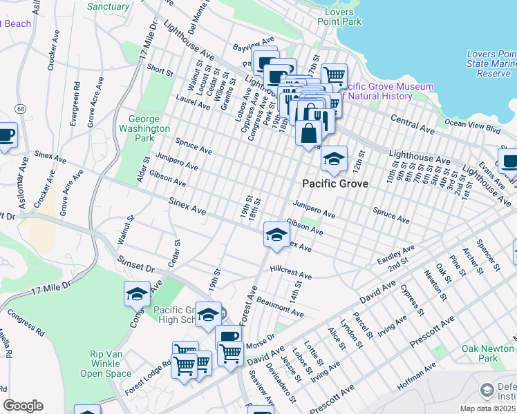 map of restaurants, bars, coffee shops, grocery stores, and more near 632 Gibson Avenue in Pacific Grove