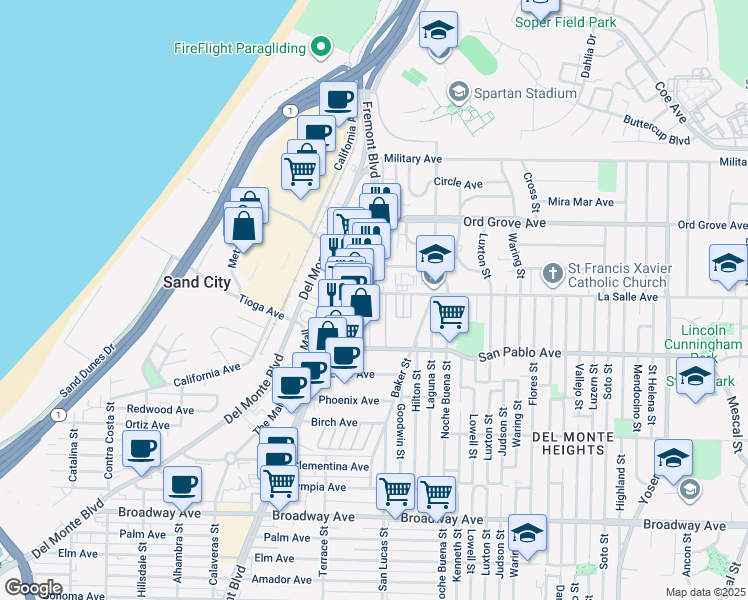 map of restaurants, bars, coffee shops, grocery stores, and more near 1198 La Salle Avenue in Seaside