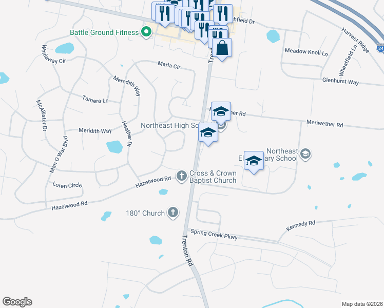 map of restaurants, bars, coffee shops, grocery stores, and more near 3710 Trenton Road in Clarksville