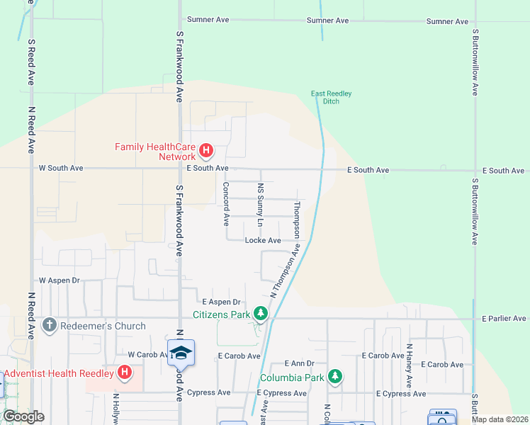 map of restaurants, bars, coffee shops, grocery stores, and more near 560 Cambridge Drive in Reedley
