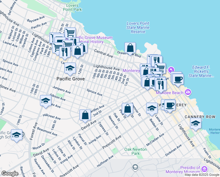 map of restaurants, bars, coffee shops, grocery stores, and more near 273 Pine Avenue in Pacific Grove