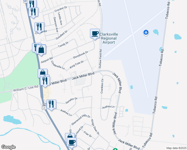map of restaurants, bars, coffee shops, grocery stores, and more near 241 Executive Avenue in Clarksville