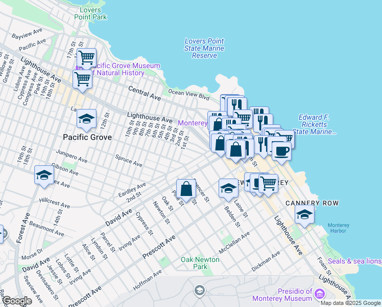 map of restaurants, bars, coffee shops, grocery stores, and more near 171 Laurel Avenue in Pacific Grove