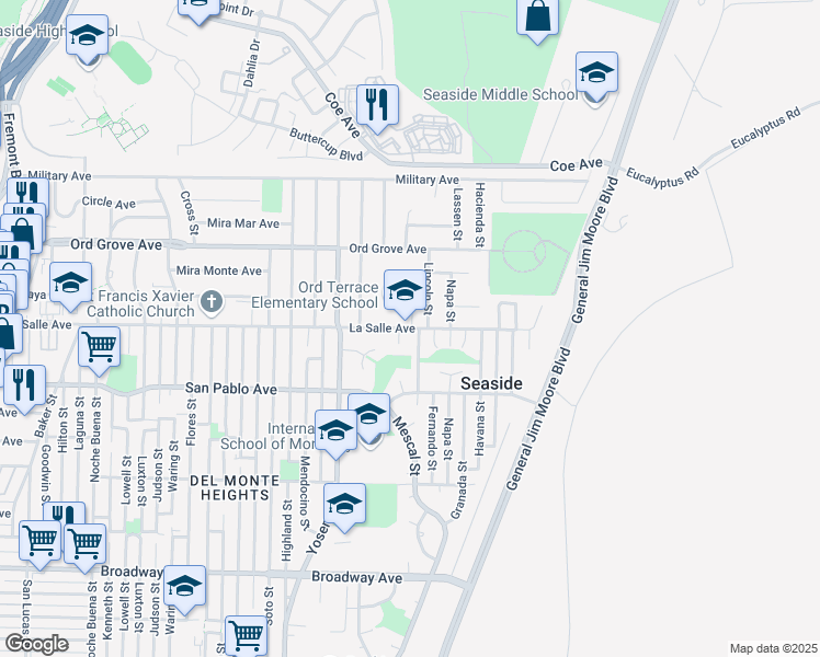 map of restaurants, bars, coffee shops, grocery stores, and more near 1755 La Salle Avenue in Seaside