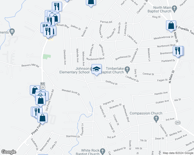 map of restaurants, bars, coffee shops, grocery stores, and more near 680 Arnett Boulevard in Danville