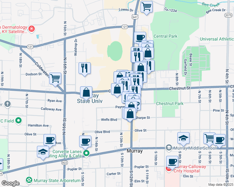 map of restaurants, bars, coffee shops, grocery stores, and more near 1303 Chestnut Street in Murray