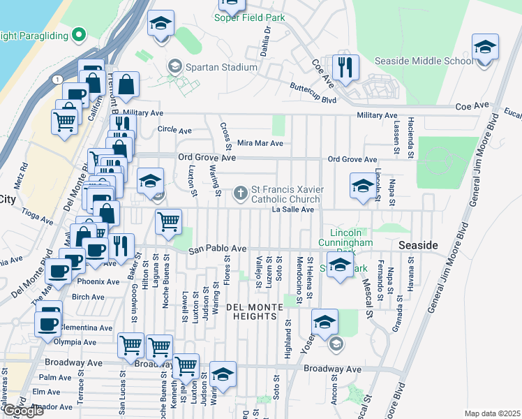 map of restaurants, bars, coffee shops, grocery stores, and more near 1899 Vallejo Street in Seaside