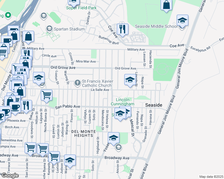 map of restaurants, bars, coffee shops, grocery stores, and more near 1656 La Salle Avenue in Seaside