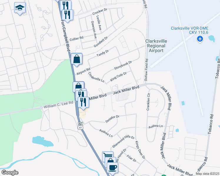 map of restaurants, bars, coffee shops, grocery stores, and more near 155 Jack Miller Boulevard in Clarksville