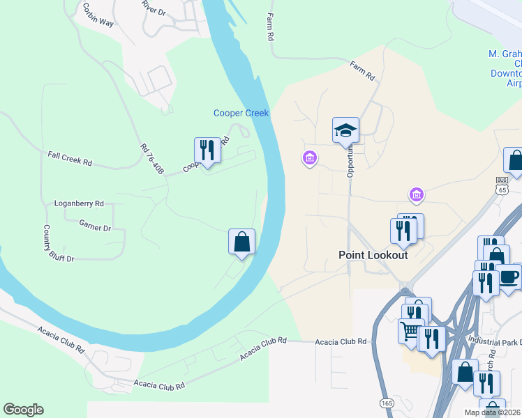 map of restaurants, bars, coffee shops, grocery stores, and more near 189 River Lane in Branson