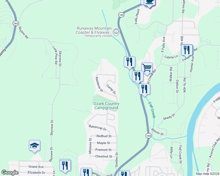 map of restaurants, bars, coffee shops, grocery stores, and more near 161 Camp Dr in Branson
