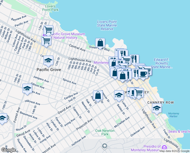 map of restaurants, bars, coffee shops, grocery stores, and more near 232 Pine Avenue in Pacific Grove