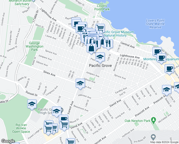 map of restaurants, bars, coffee shops, grocery stores, and more near 601 Fountain Avenue in Pacific Grove