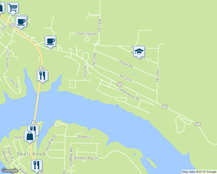 map of restaurants, bars, coffee shops, grocery stores, and more near Cedarwood Road in Shell Knob