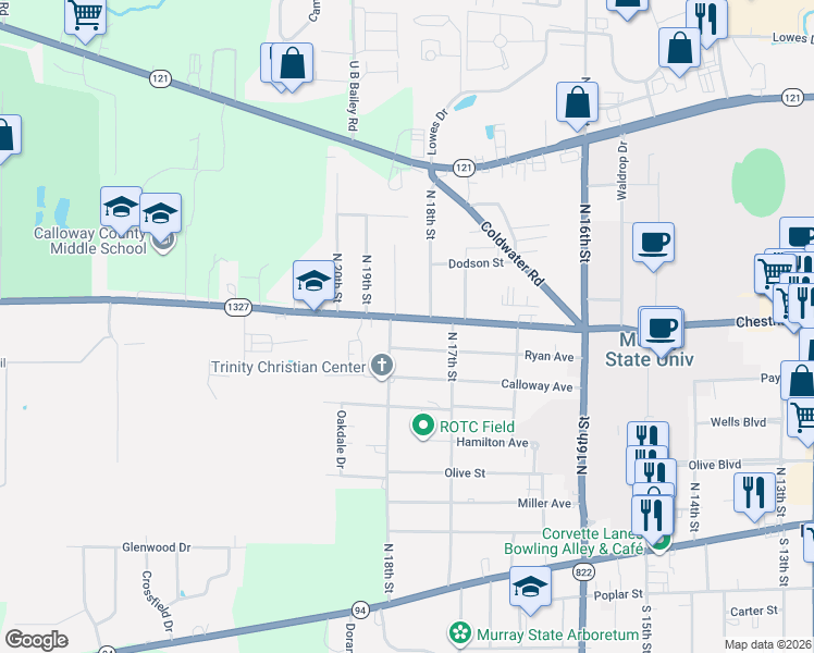 map of restaurants, bars, coffee shops, grocery stores, and more near 1713 College Farm Road in Murray