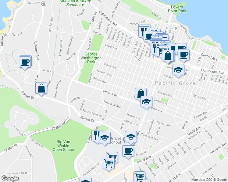 map of restaurants, bars, coffee shops, grocery stores, and more near 717 Granite Street in Pacific Grove