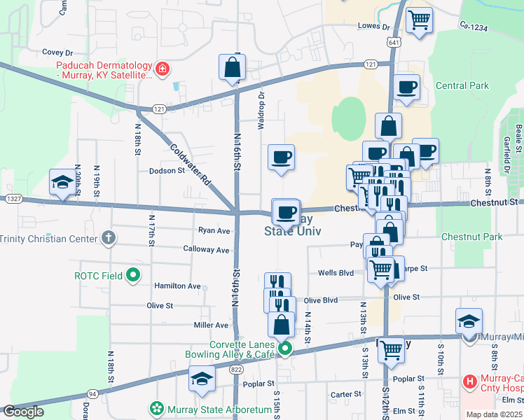 map of restaurants, bars, coffee shops, grocery stores, and more near 804 Waldrop Drive in Murray