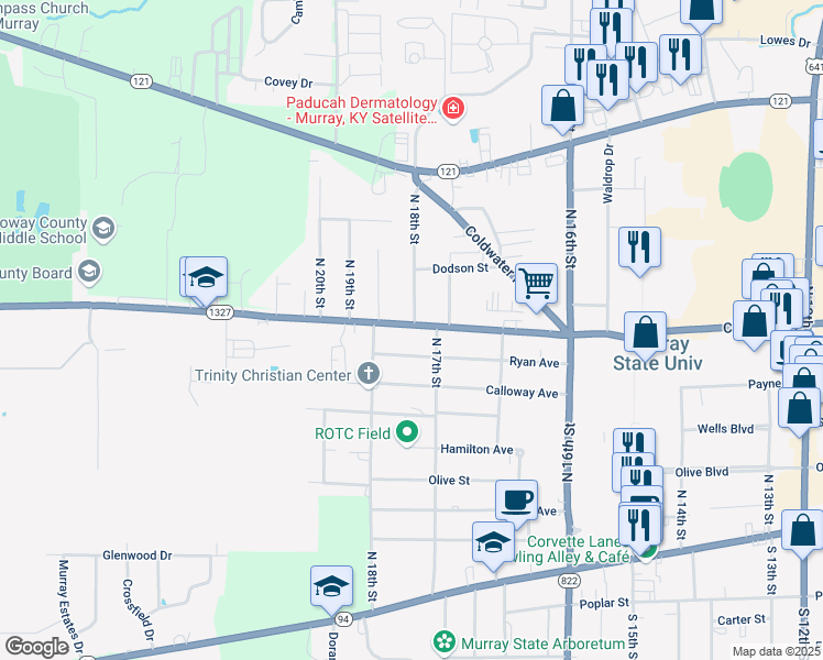 map of restaurants, bars, coffee shops, grocery stores, and more near 1704 Ryan Avenue in Murray