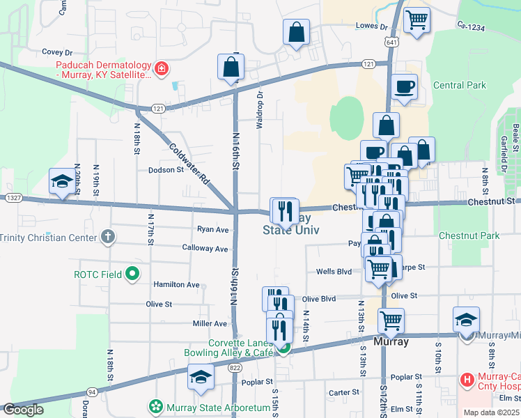 map of restaurants, bars, coffee shops, grocery stores, and more near 804 Waldrop Drive in Murray