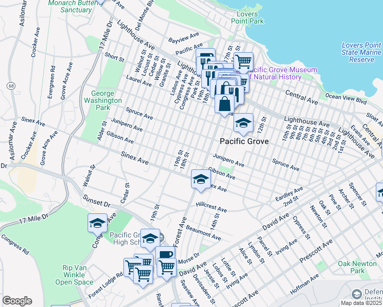 map of restaurants, bars, coffee shops, grocery stores, and more near 632 Gibson Avenue in Pacific Grove