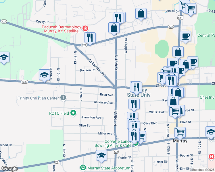 map of restaurants, bars, coffee shops, grocery stores, and more near 1607 College Farm Road in Murray