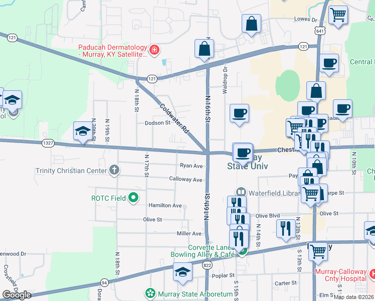 map of restaurants, bars, coffee shops, grocery stores, and more near 1607 College Farm Road in Murray